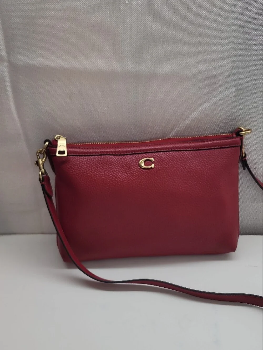 Coach Refined Pebble Leather Legacy Zip Top Crossbody In Red